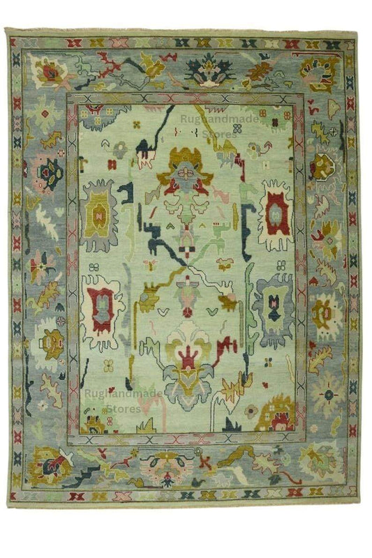 Hand-knotted Oushak wool rug with vintage Turkish floral design in blueish green, 8x10 area rug