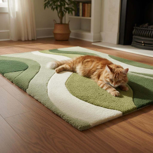 Hand-Tufted Moss Green Wave Rug: Organic Textured Carpet