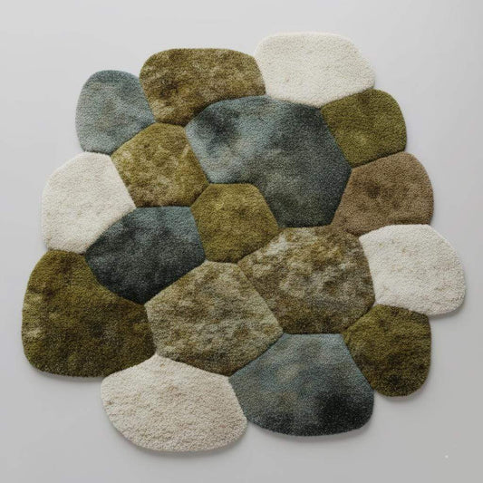 Hand-tufted pebble rug with plush high pile, organic moss color, and irregular stone shape