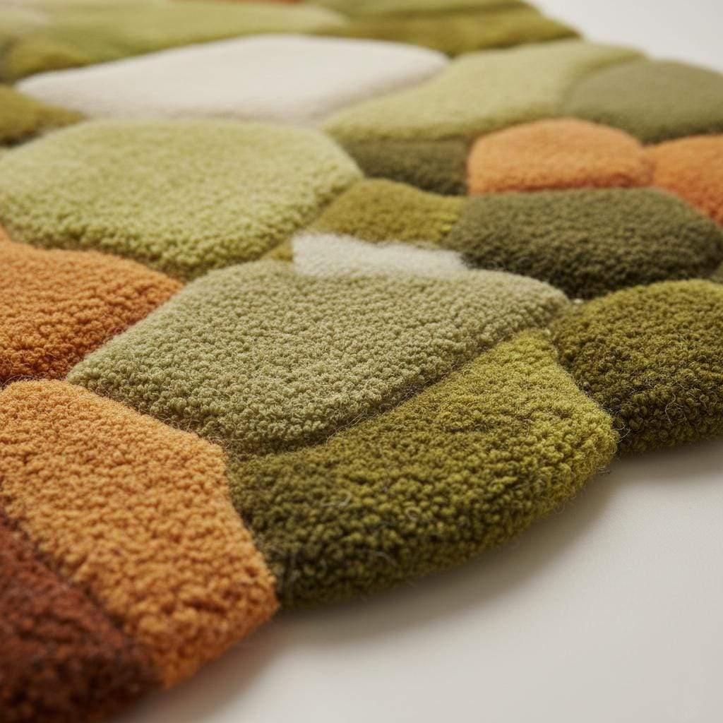 Hand tufted pebble rug in moss green and burnt orange with textured high pile and boho mid-century design