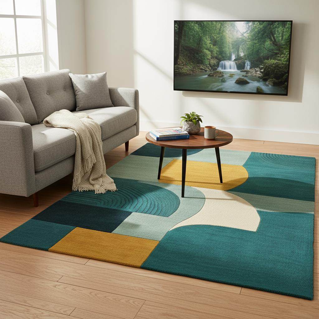 Hand-Tufted Wool Rug: Modern Abstract Teal and Mustard Carpet