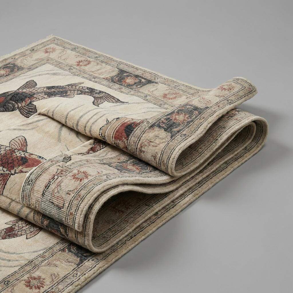 Hand Knotted Koi Fish Wool Rug Artistic Asian Style Area Carpet