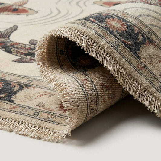 Close up of hand knotted wool rug showing individual knots and natural fiber texture