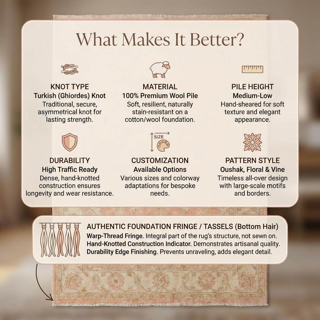 Hand Knotted Oushak Floral Rug Blush Peach Wool Area Rug Traditional Persian Style Living Room Bedroom Decor Soft Neutral Handmade Carpet