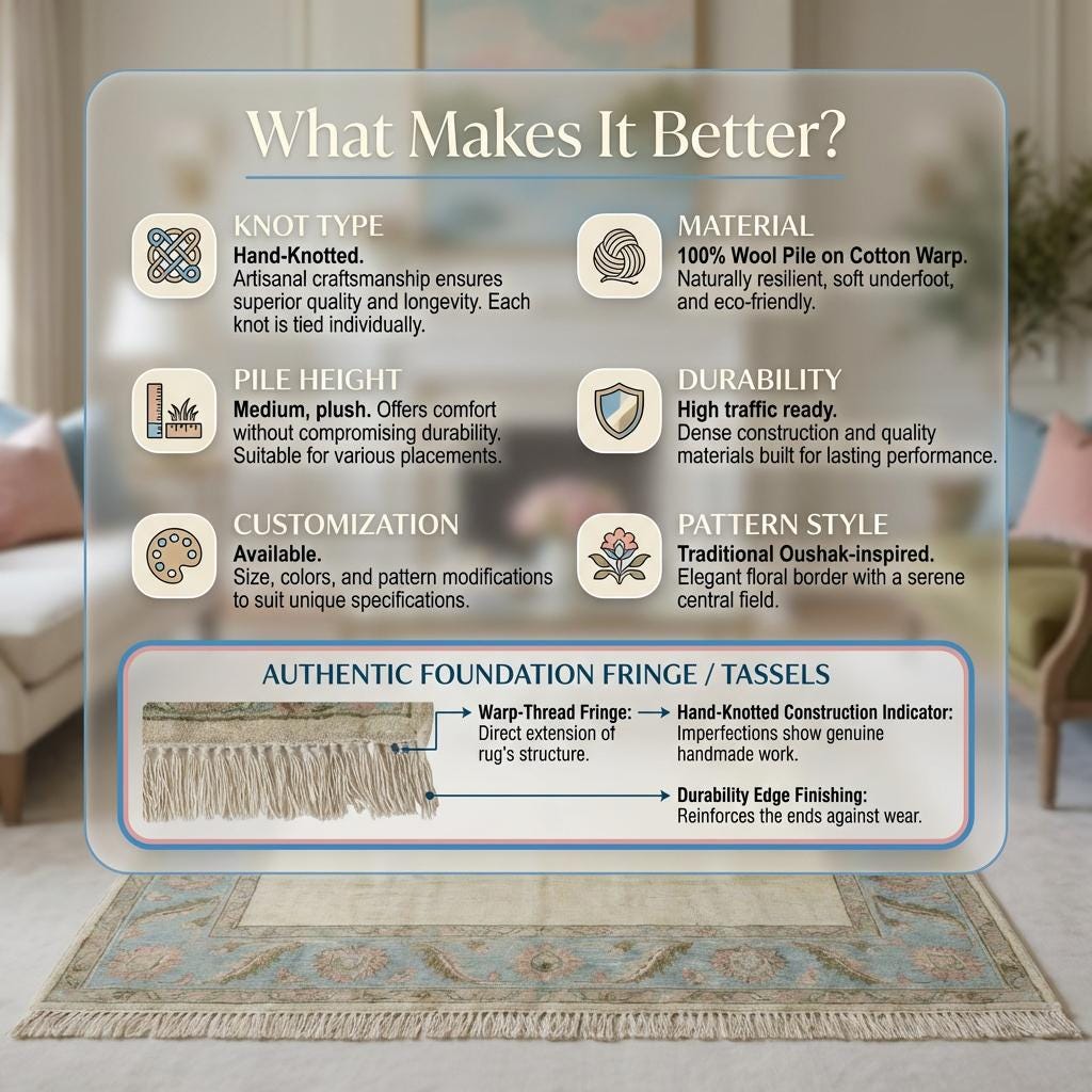 Hand Knotted Oushak Rug Ivory Blue Floral Border Area Rug Soft Neutral Living Room Rug Handmade Wool Persian Style Carpet 9x12 , 10x14