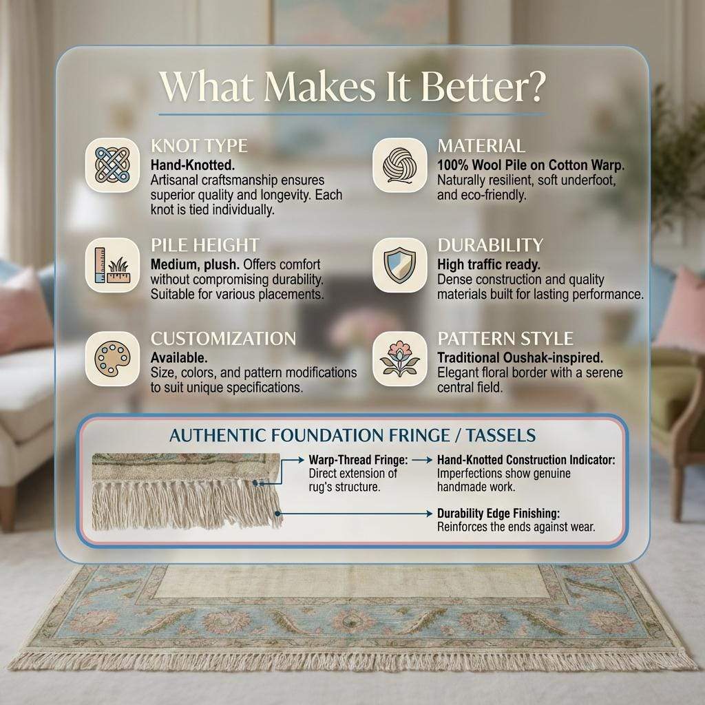 Hand Knotted Oushak Rug Ivory Blue Floral Border Area Rug Soft Neutral Living Room Rug Handmade Wool Persian Style Carpet 9x12 , 10x14