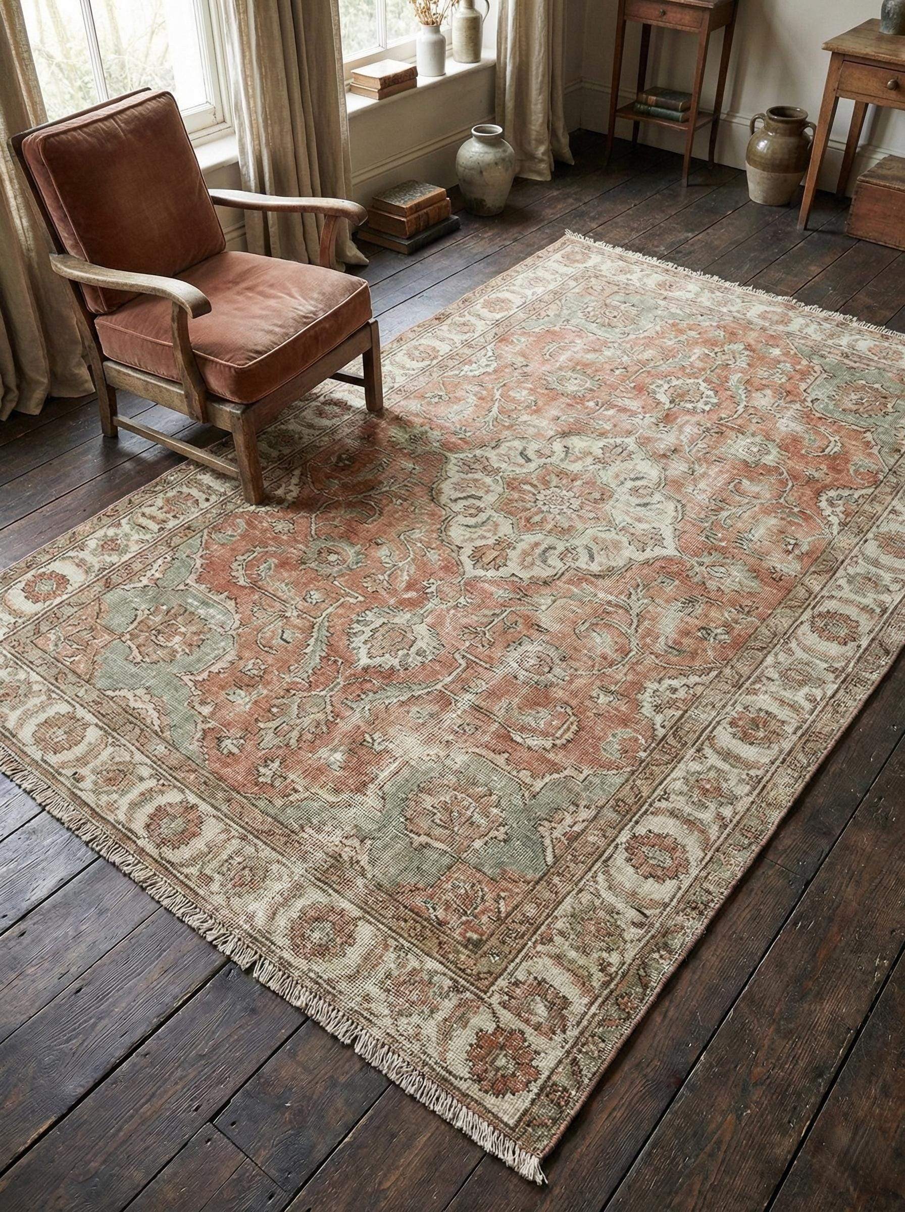 Hand Knotted Oushak Rug - Vintage Turkish Wool Carpet for Living
