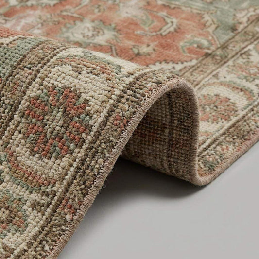 Hand knotted Oushak rug in muted rust and sage green wool, vintage Turkish carpet for living room and bedroom decor