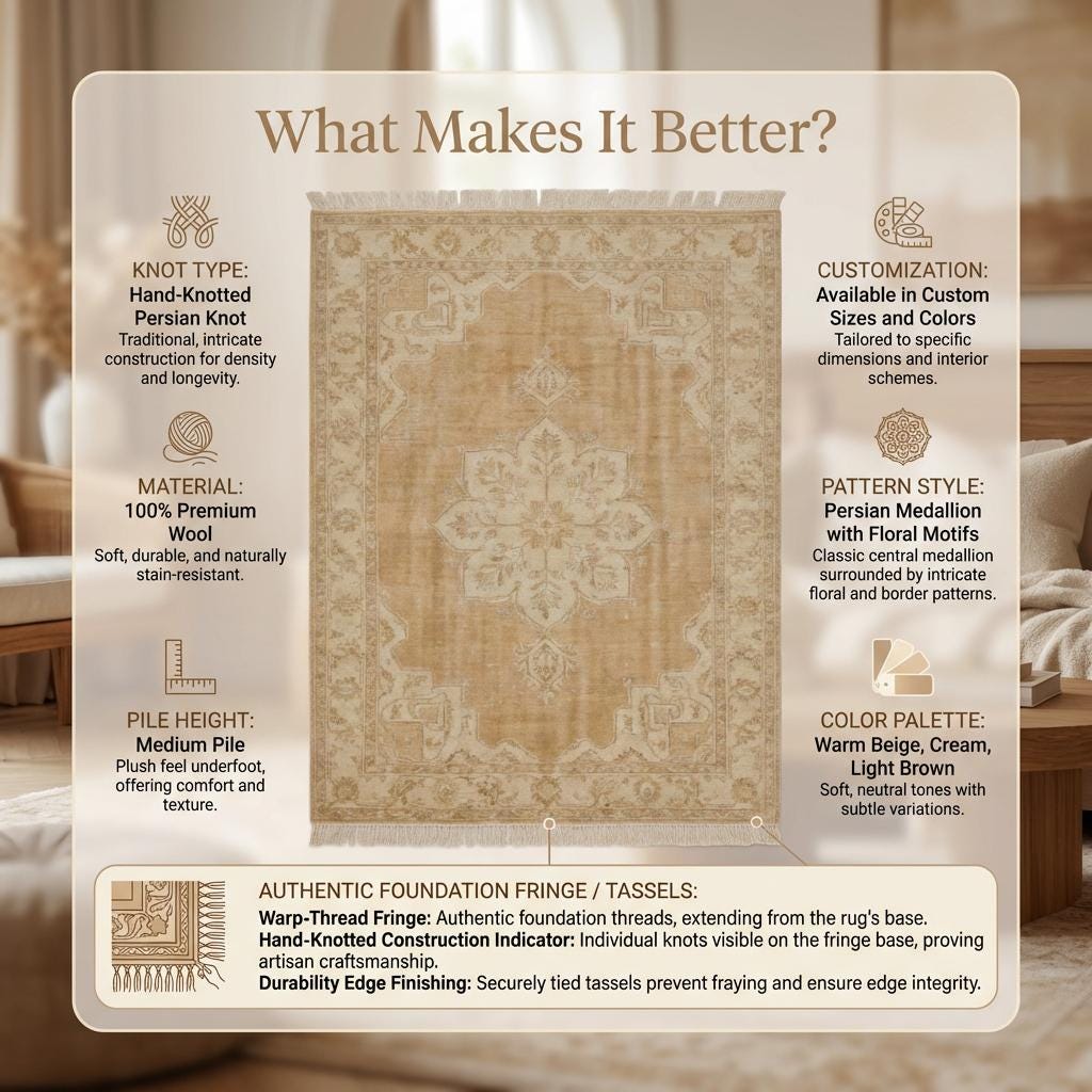 Hand knotted Oushak rug with neutral beige vintage medallion design on wool area carpet