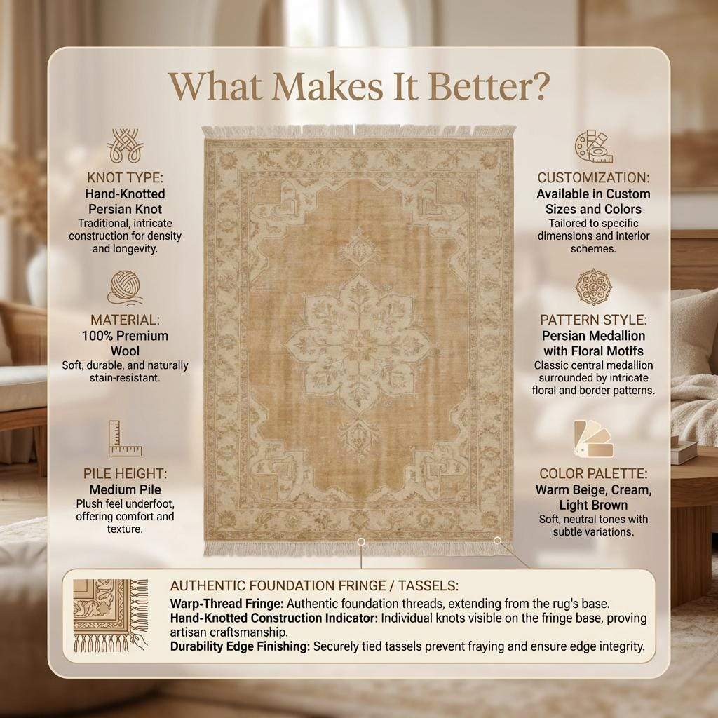 Hand knotted Oushak rug with neutral beige vintage medallion design on wool area carpet
