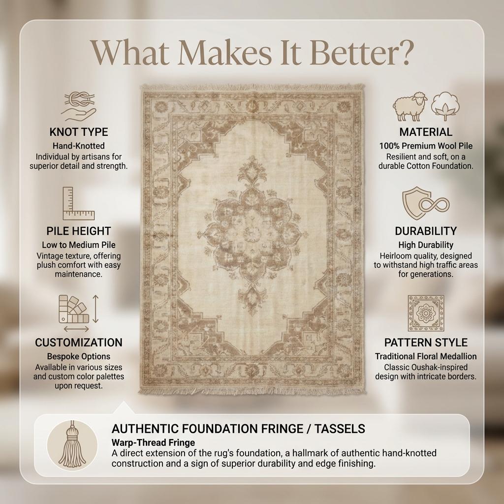 Hand Knotted Oushak Rug Neutral Wool Area Rug Vintage Persian Style Living Room Carpet Handmade Beige Medallion Rug