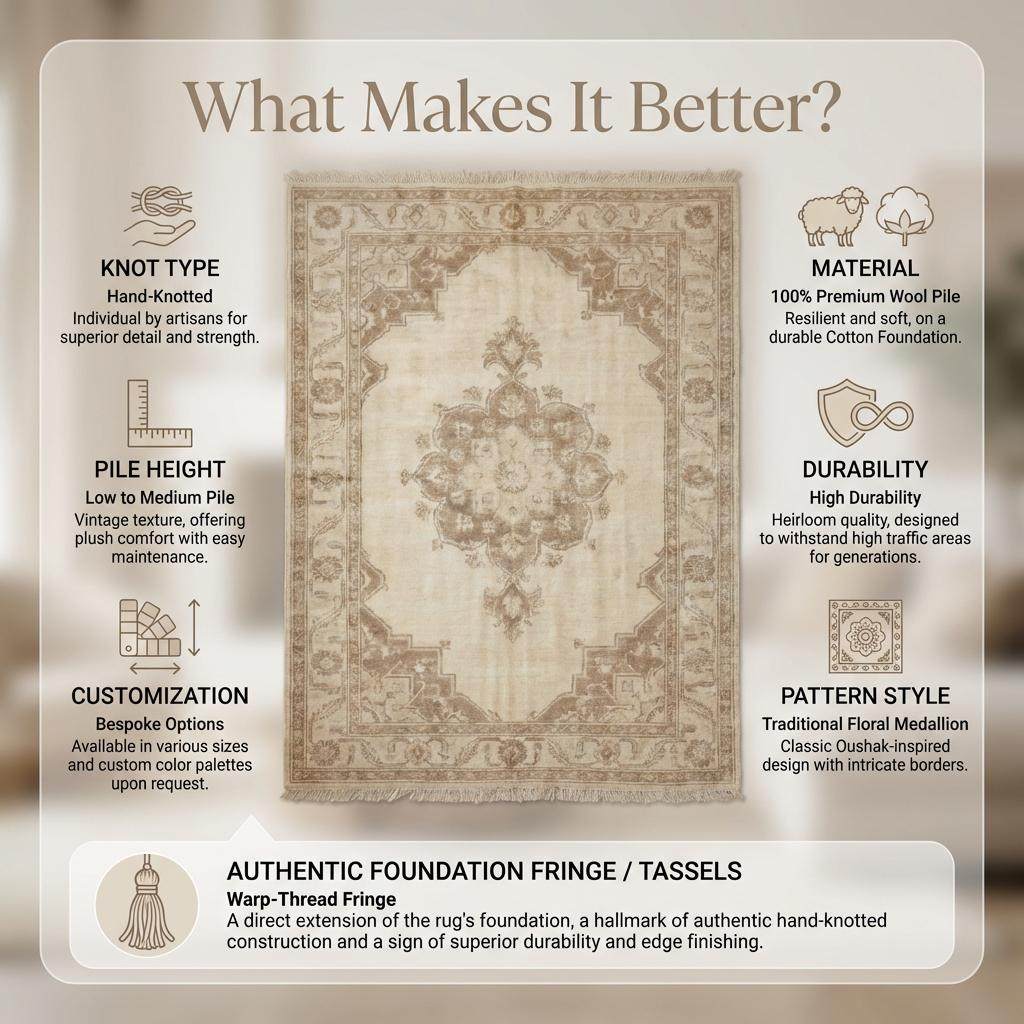 Hand knotted Oushak rug in neutral beige with vintage Persian medallion pattern and wool texture