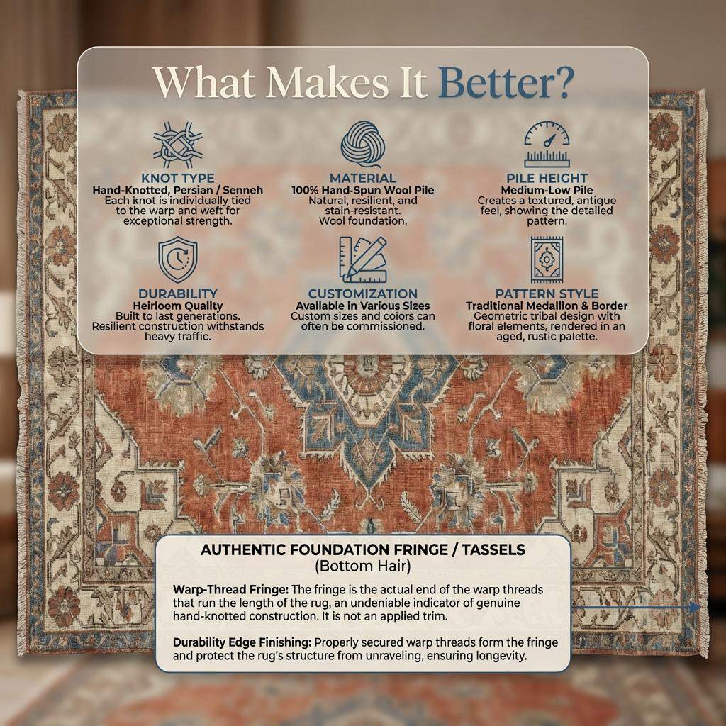 Hand knotted Oushak rug in muted terracotta and blue with vintage medallion design in wool pile