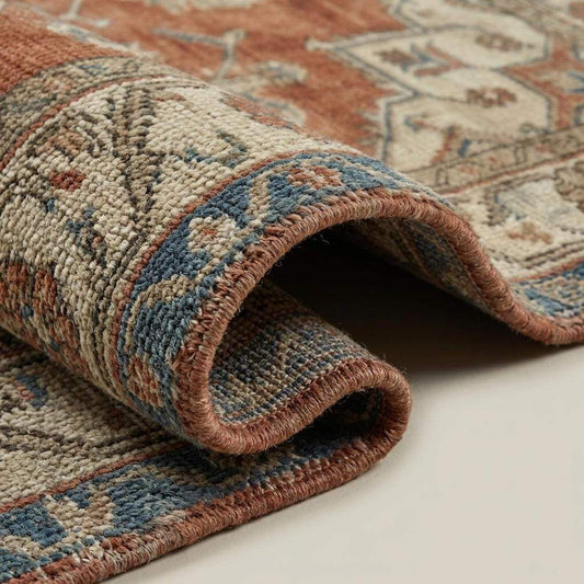Hand knotted Oushak rug in muted terracotta and blue with vintage medallion design on wool pile