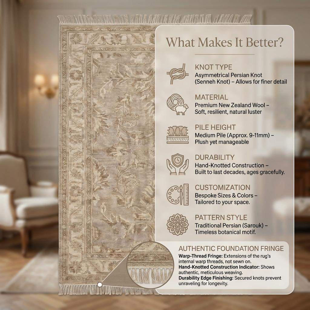 Hand Knotted Oushak Style Rug Neutral Beige Floral Vintage Wool Area Rug Living Room Handmade Persian Inspired Carpet 9x12 , 8x10