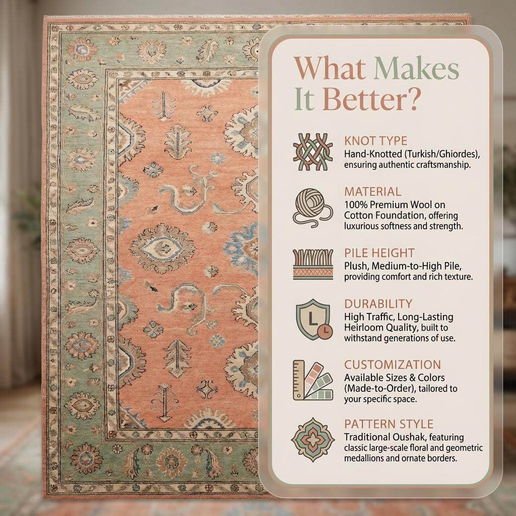 Hand Knotted Oushak Turkish Rug Wool Peach Sage Floral Area Rugs for Living Room Bedroom