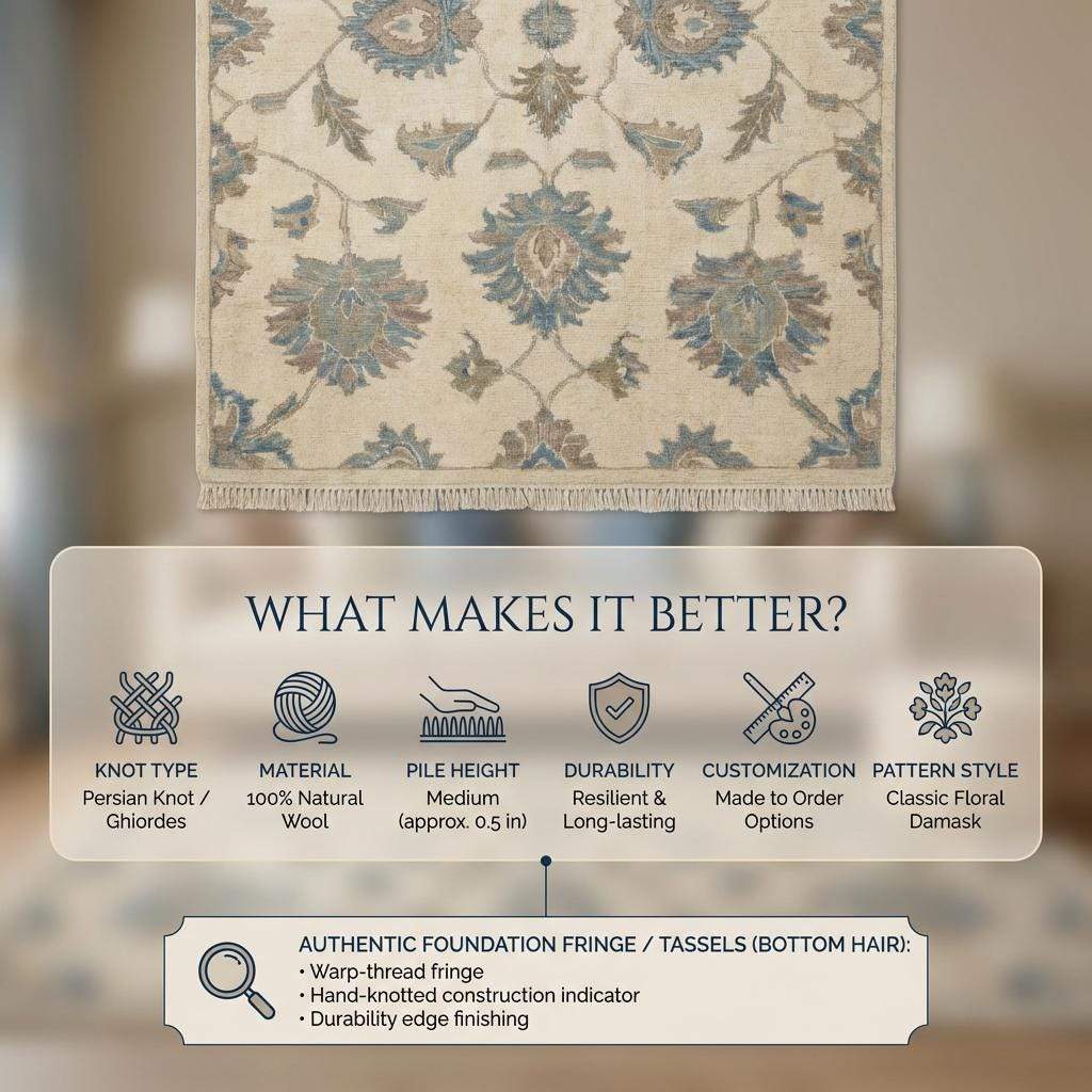 Hand Knotted Oushak Wool Rug, Floral Neutral Living Room Area Carpet