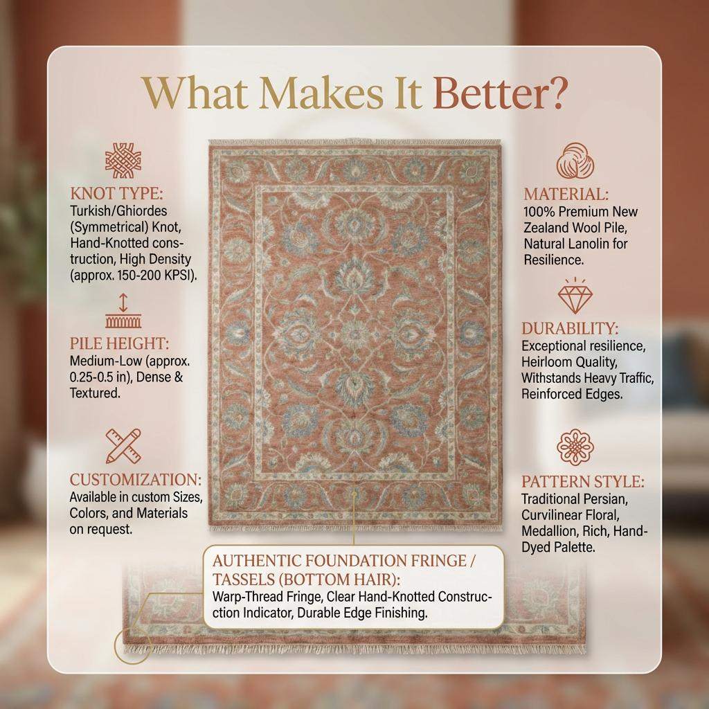 Hand Knotted Oushak Wool Rug Floral Terracotta Living Room Decor