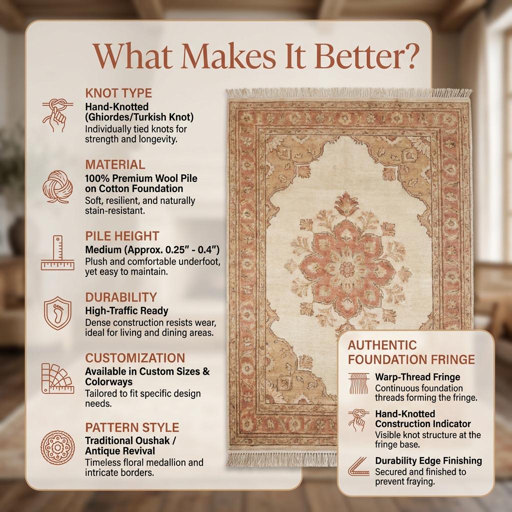 Hand knotted Oushak wool rug with ivory and terracotta floral medallion design