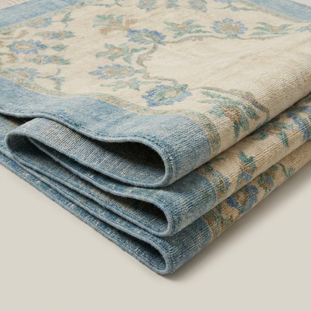 Hand Knotted Oushak Wool Rug – Light Blue Floral Medallion Area Rug, Ivory Turkish Style Living Room Carpet