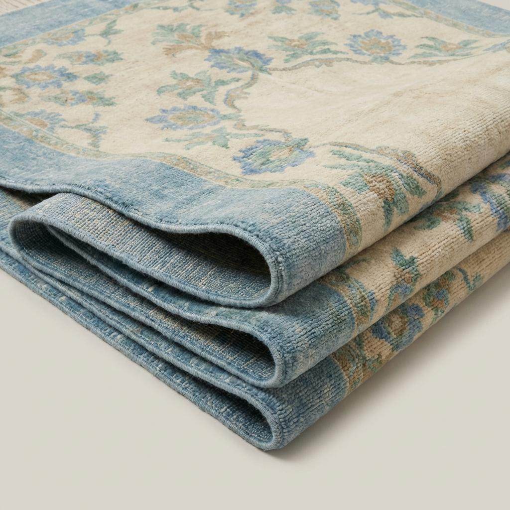 Hand Knotted Oushak Wool Rug – Light Blue Floral Medallion Area Rug, Ivory Turkish Style Living Room Carpet