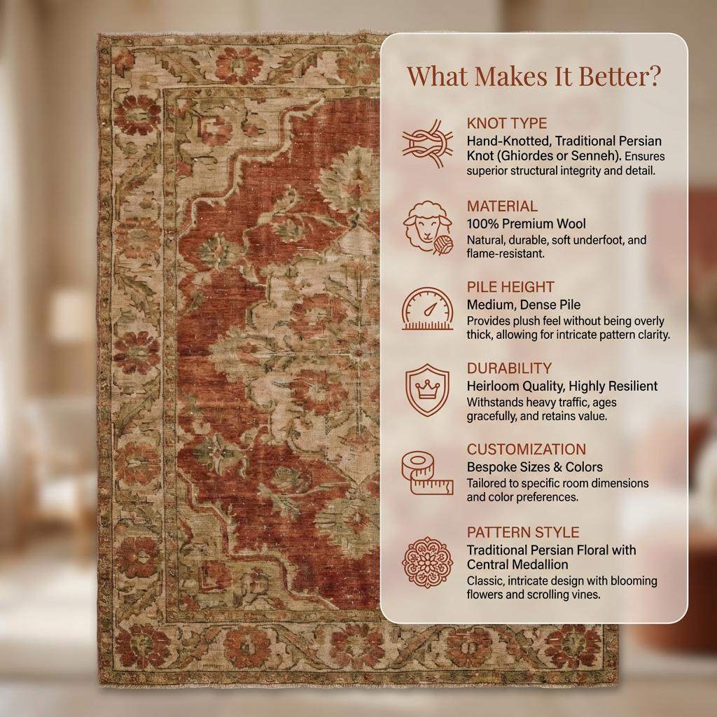 Hand Knotted Oushak Wool Rug Vintage Floral Terracotta Area Rug