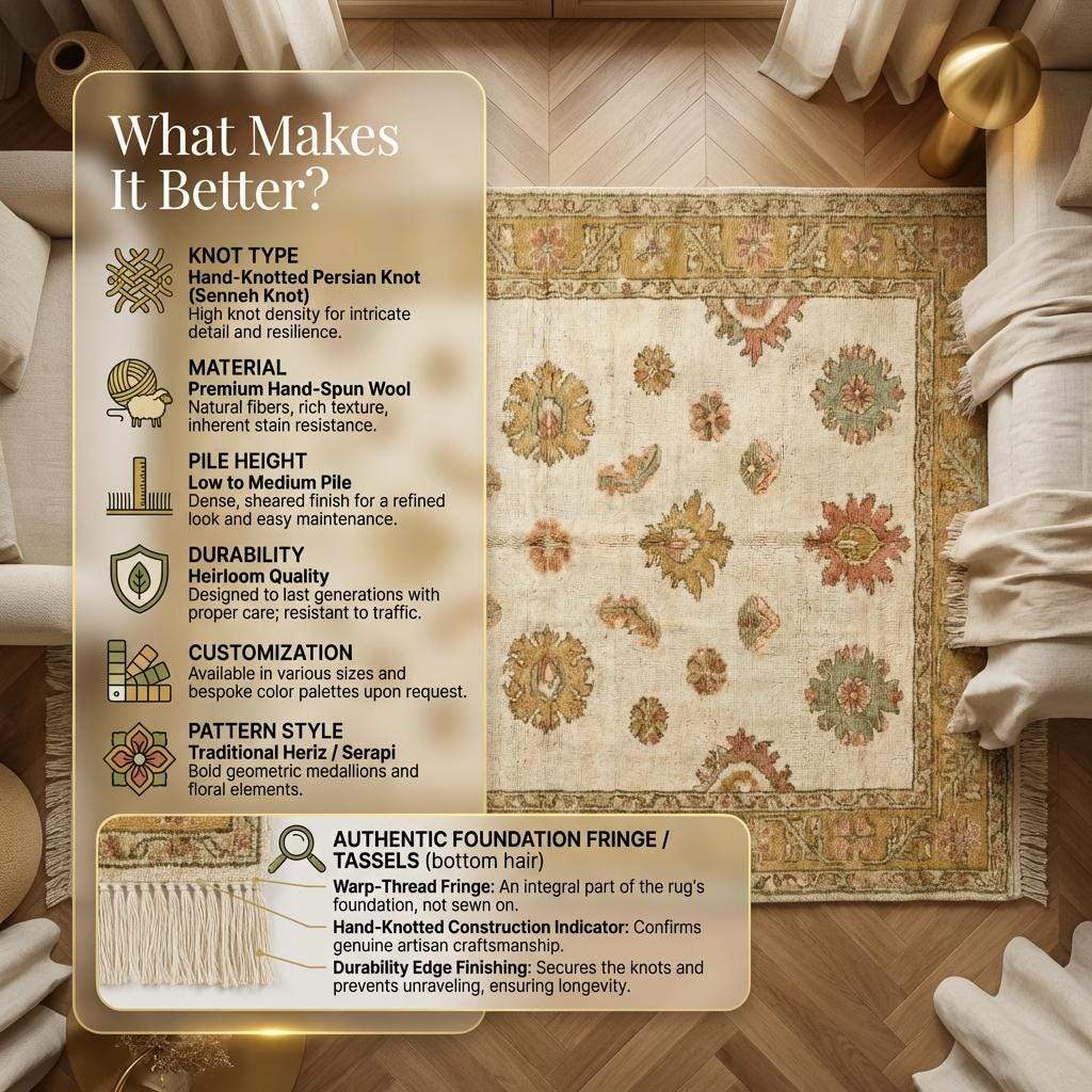 Hand knotted Oushak wool rug with ivory and gold floral design for traditional living rooms