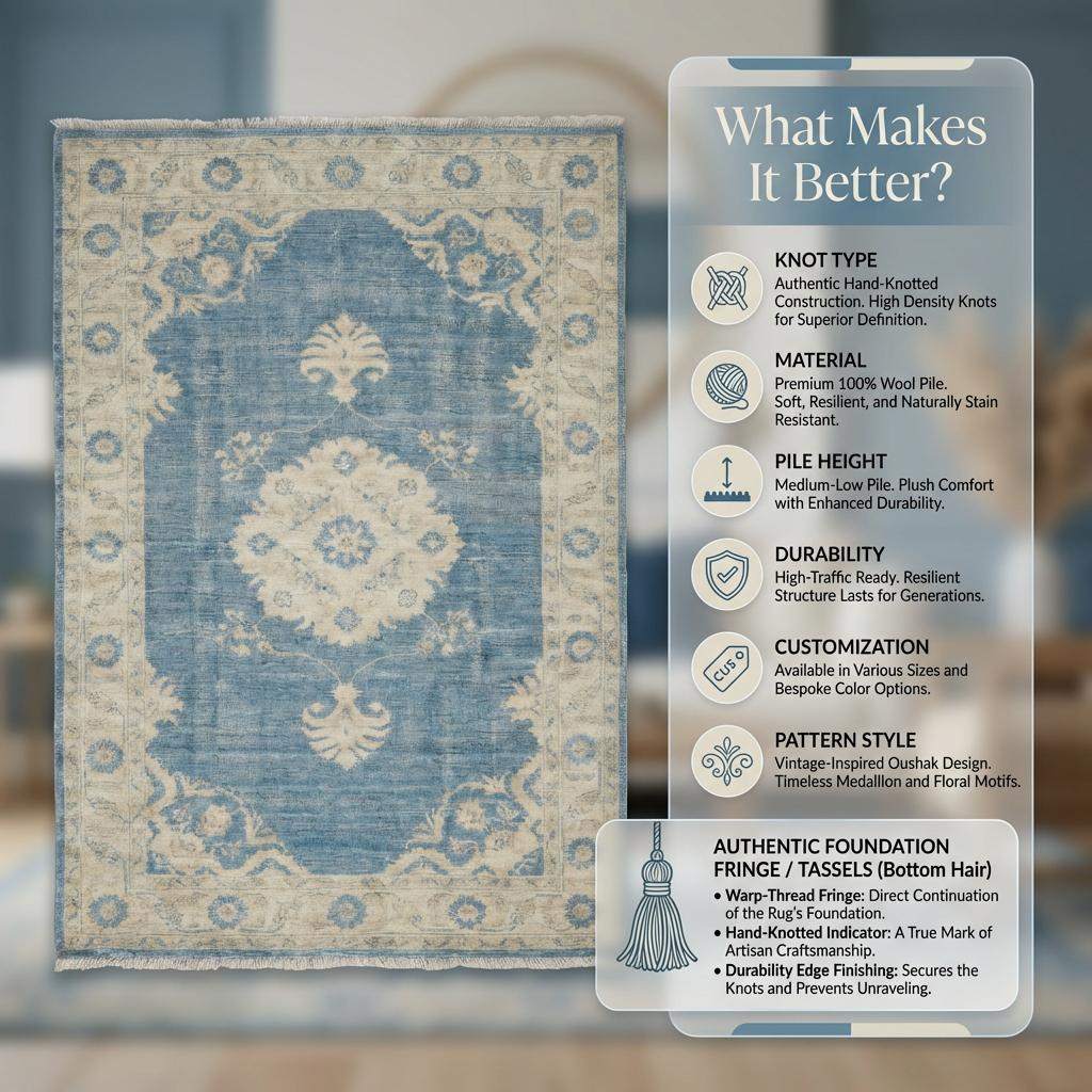 Hand Knotted Oushak Wool Rug 6x9 8x10 9x12, Vintage Blue Medallion Area Rug, Soft Turkish Style Living Room Carpet, Handmade Floral Rug