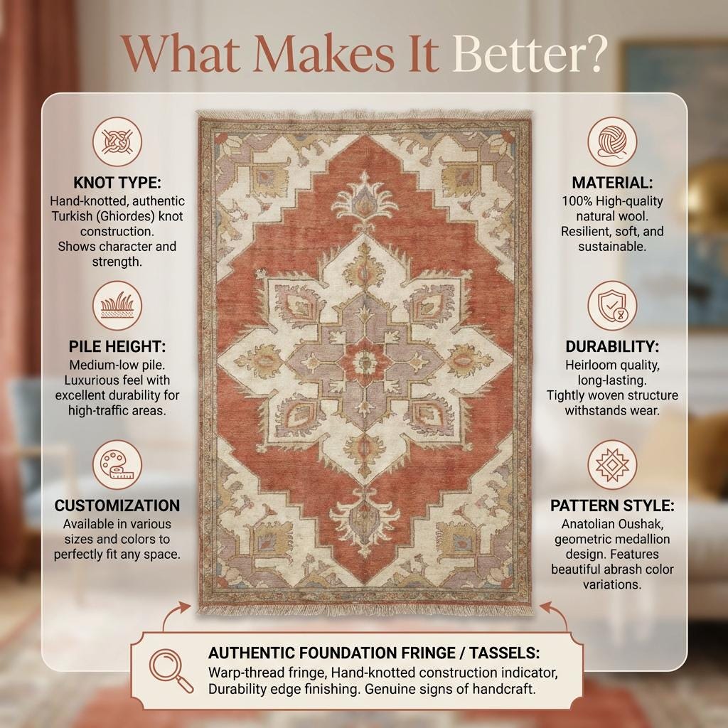 Hand Knotted Rug Rust Wool Area Rug, Oushak Style Living Room Carpet, Terracotta Geometric Bedroom Decor