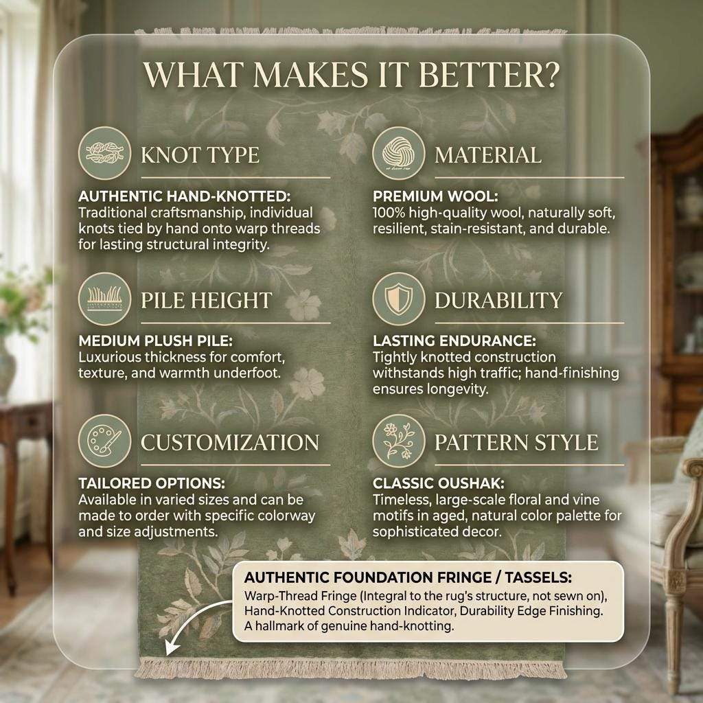 Hand Knotted Sage Green Wool Oushak Floral Area Rug for Bedroom