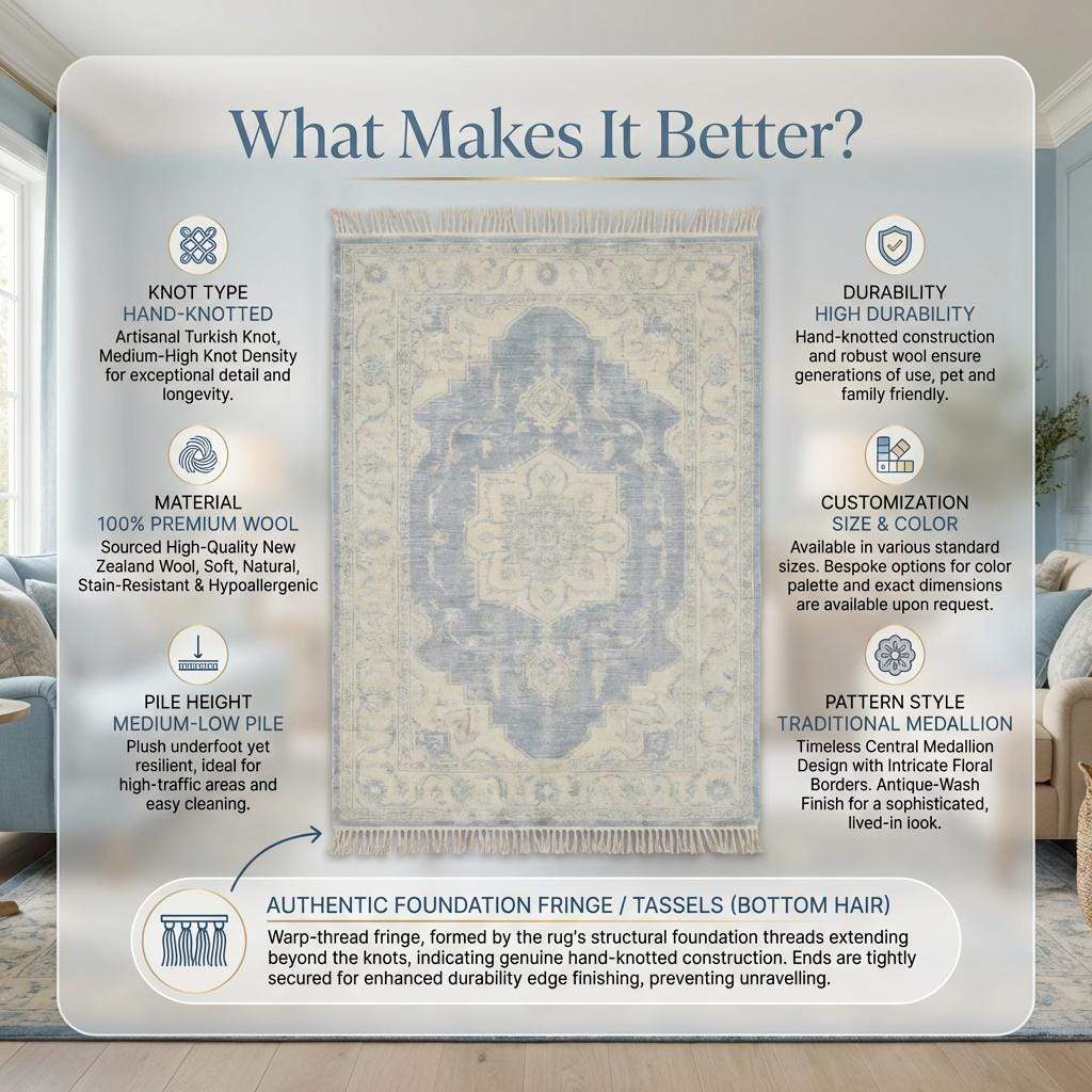 Hand Knotted Vintage Persian Style Blue Medallion Wool Area Rug