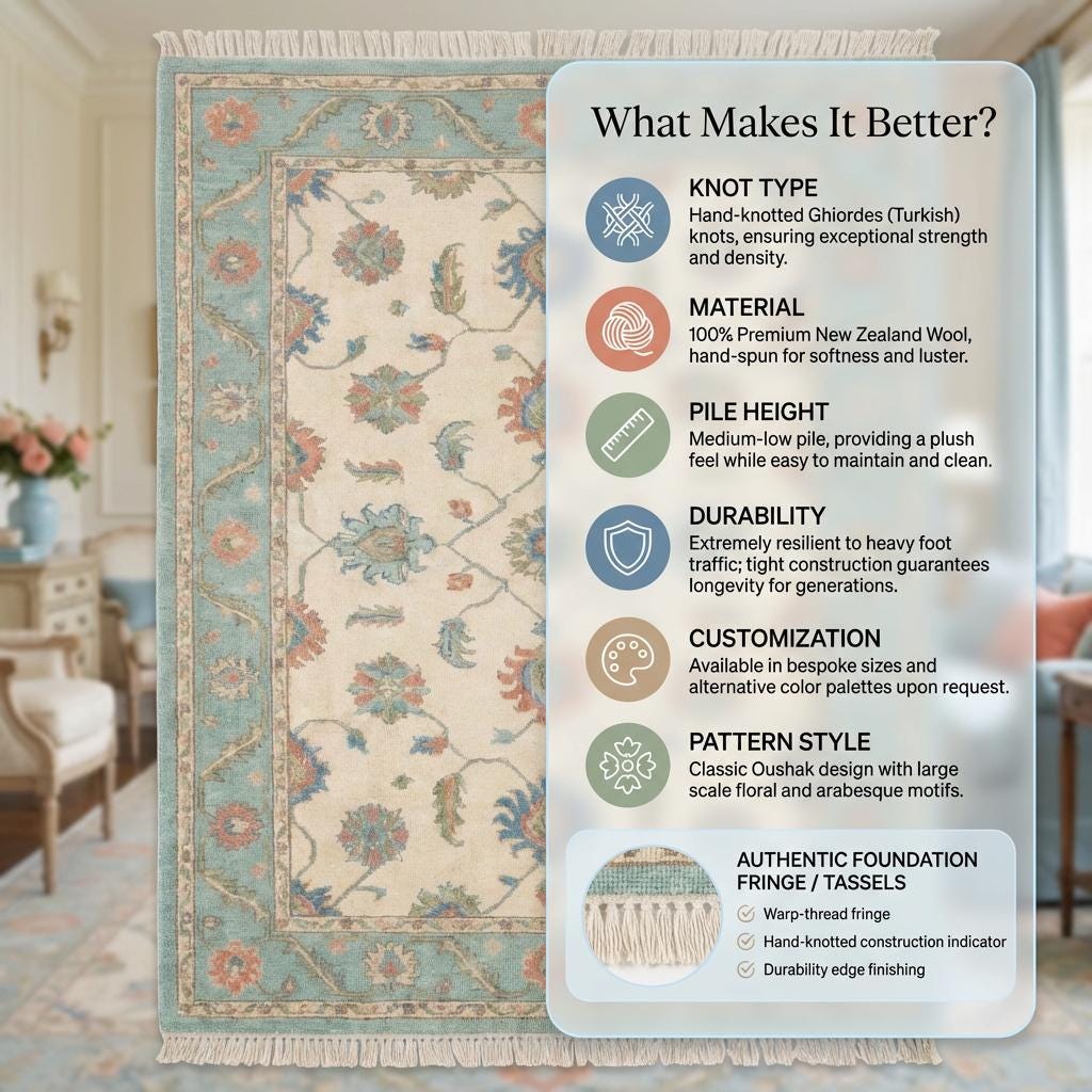 Hand knotted wool Oushak rug with blue floral Persian design and cream teal tones for living room
