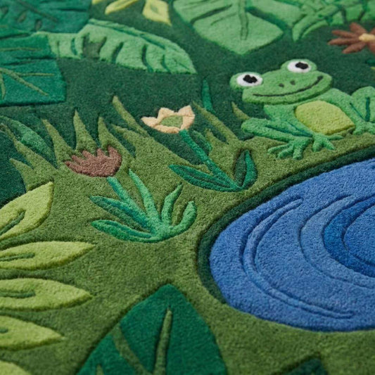 Close-up of hand tufted wool rug showing carved pile texture, raised leaf patterns, soft dense fibers and detailed frog design __etsy:7938691230