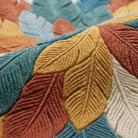 Close-up of hand tufted wool rug showing carved leaf texture, raised cut pile, detailed tufting, and soft plush fibers __etsy:8066383020