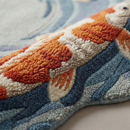 Close-up of hand tufted wool pile showing carved koi fish and water ripple texture