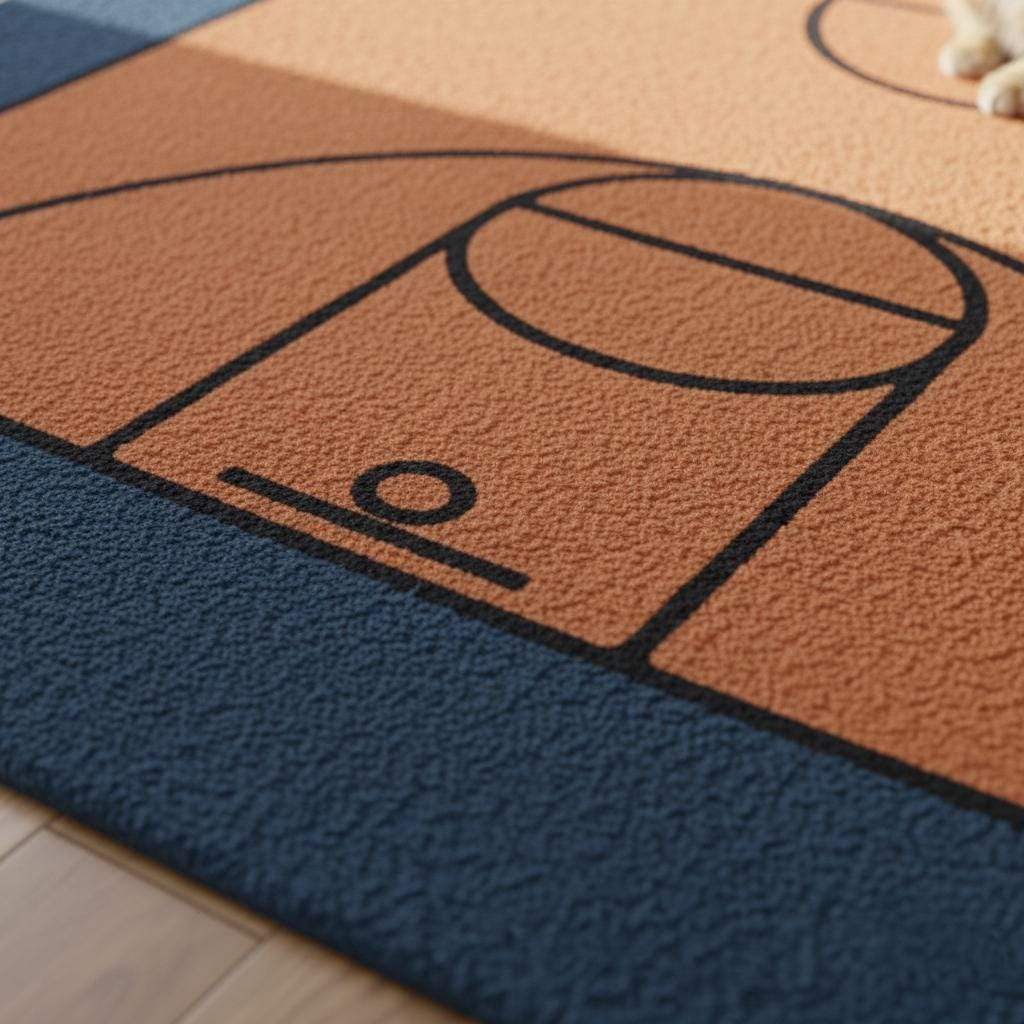 Hand-tufted wool basketball court rug with navy lines on burnt-orange field for sports room decor