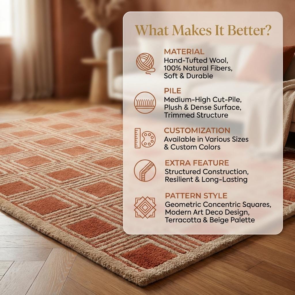 Hand Tufted Wool Geometric Area Rug, Rust Terracotta Modern Square Pattern Carpet for Living Room Bedroom Home Decor