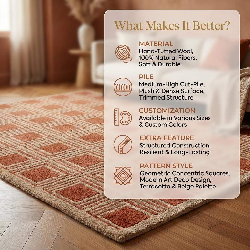Hand Tufted Wool Geometric Area Rug, Rust Terracotta Modern Square Pattern Carpet for Living Room Bedroom Home Decor