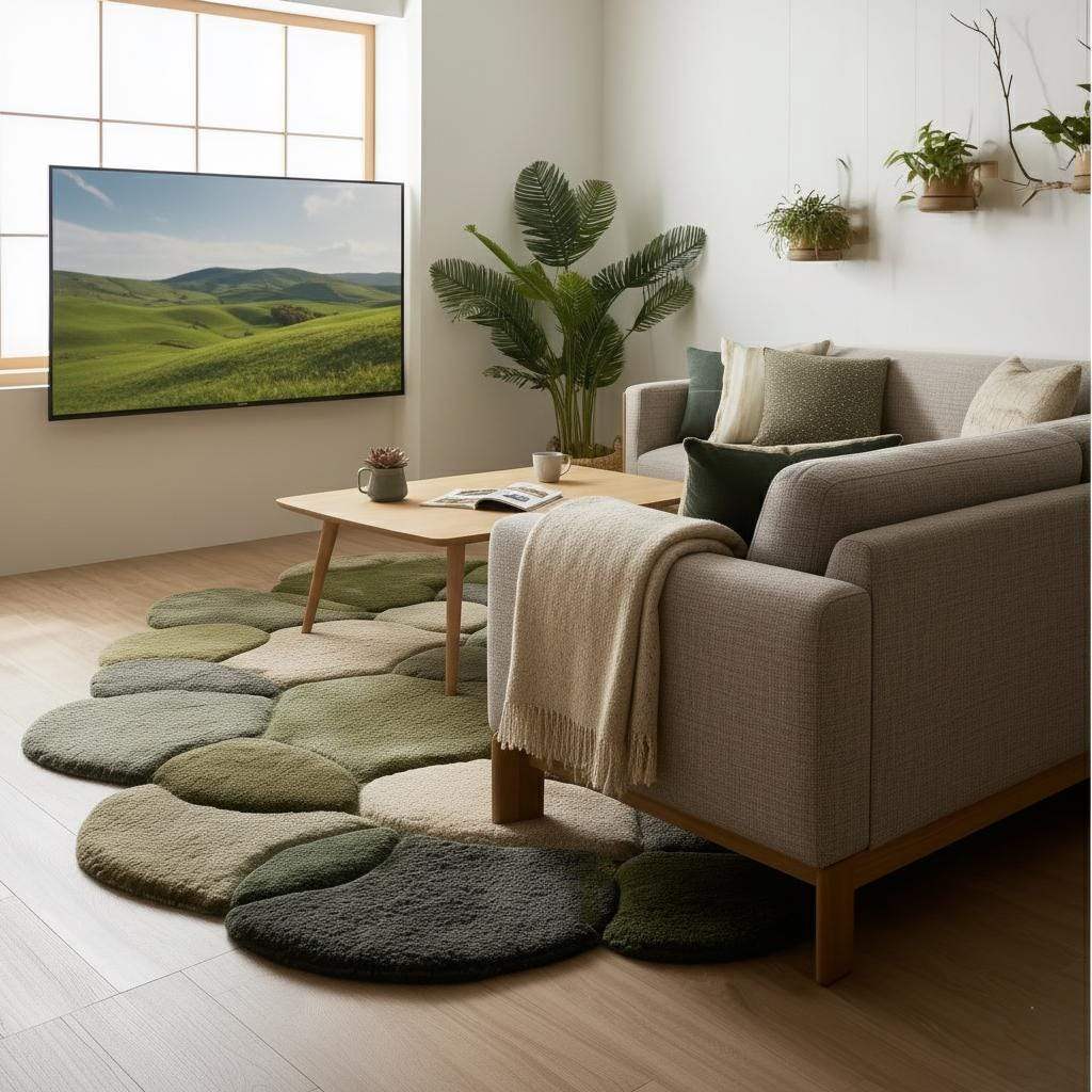 Hand-Tufted Wool Rug in Moss Green with Organic Irregular Shape for Modern Home Decor