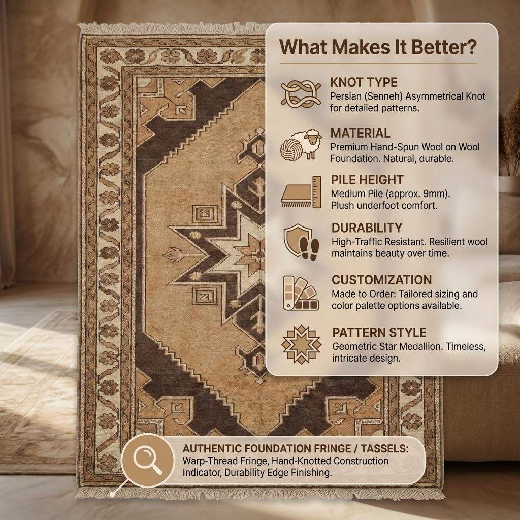 Hand knotted Vintage Style Anatolian Rug, Earth Tone Brown Beige Wool Area Rug, Geometric Pattern for Living Room