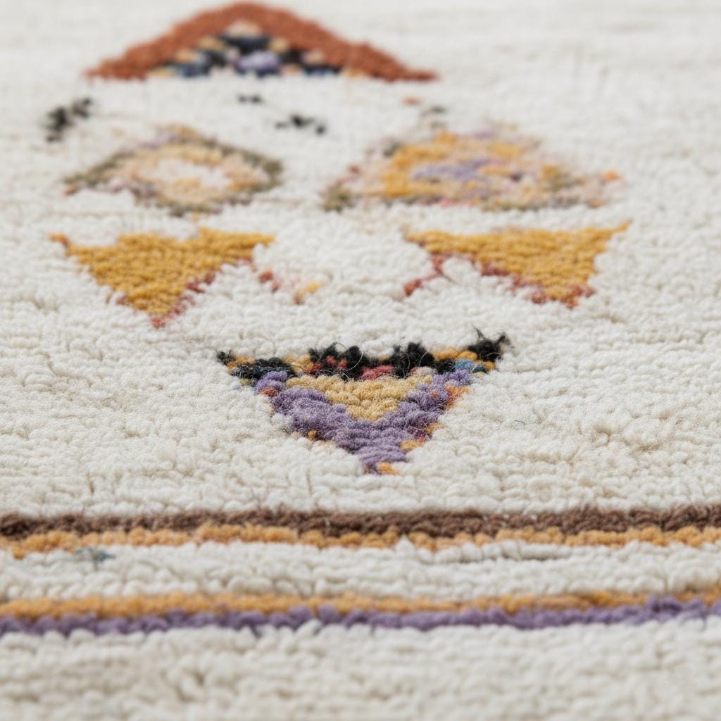Close-up texture view of soft pastel boho wool rug showing blush, lilac and rust accent motifs
