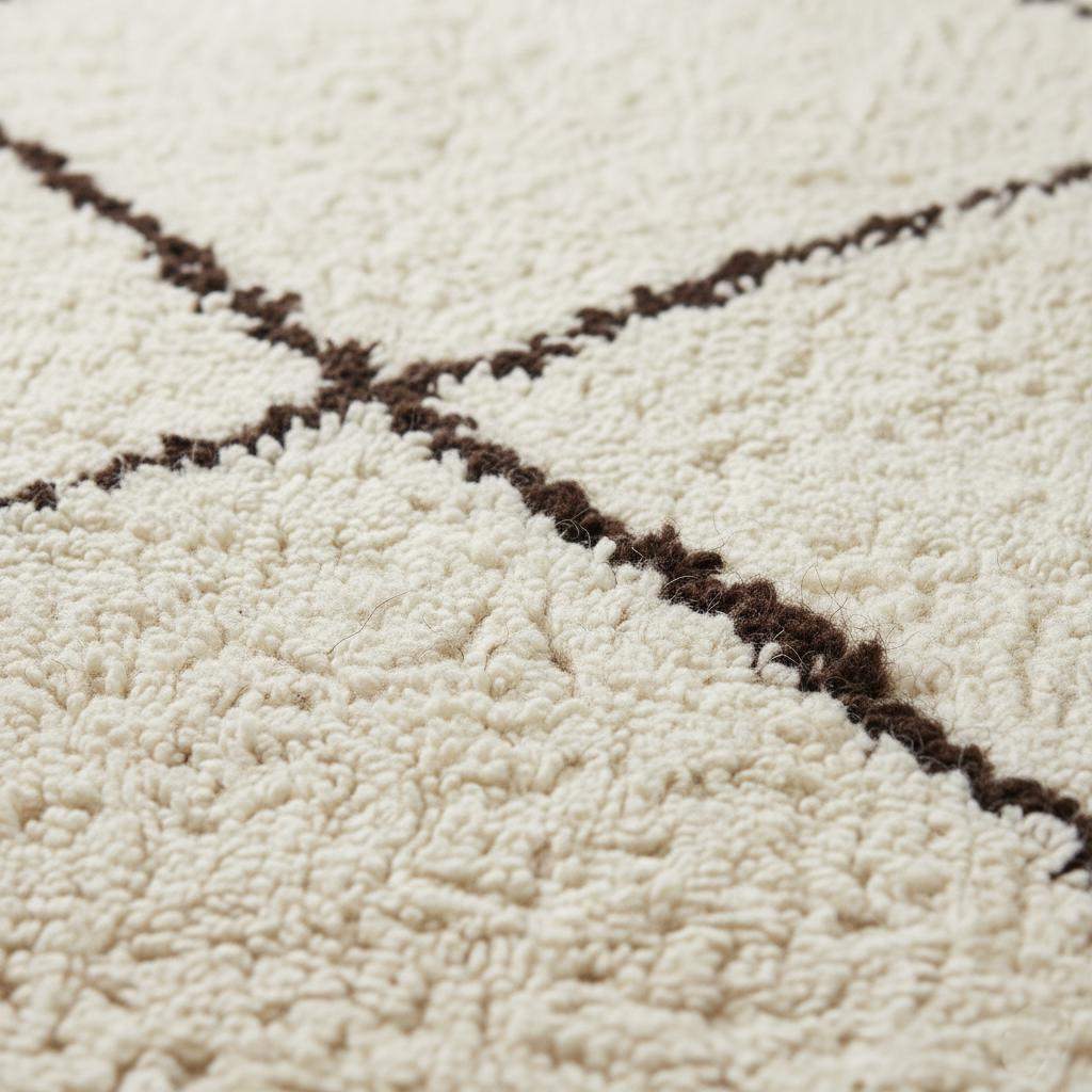 Handcrafted Beni Ourain style ivory wool rug with dark diamond design and high-pile shag texture