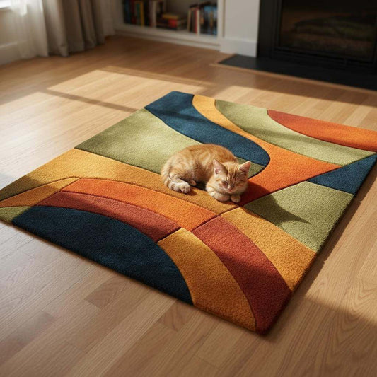 Handmade retro rug wool tufted with curved geometric 70s pattern in burnt orange, olive green, navy, and amber gold