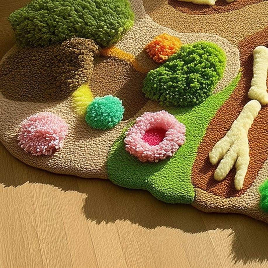 Handmade skeleton rug with tufted 3D dinosaur design and vibrant colors