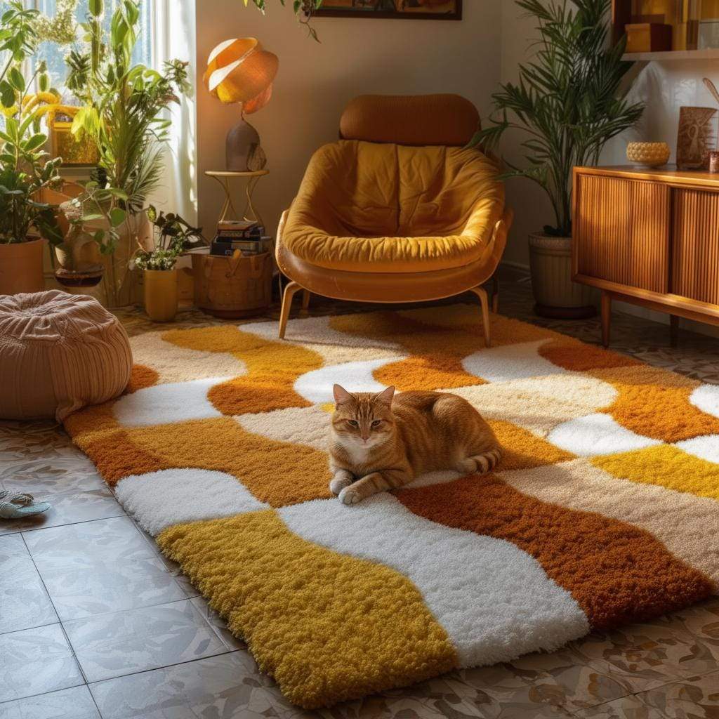 Handmade Tufted Shag Rug - Retro Geometric Wave Design for Living