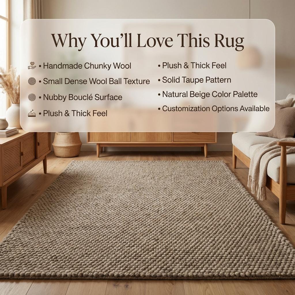 Handmade chunky knit wool rug in neutral tones with thick, cozy texture for modern and minimalist interiors