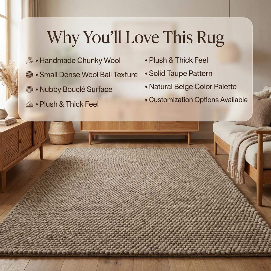 Handmade chunky knit wool rug in neutral tones with thick, cozy texture for modern and minimalist interiors