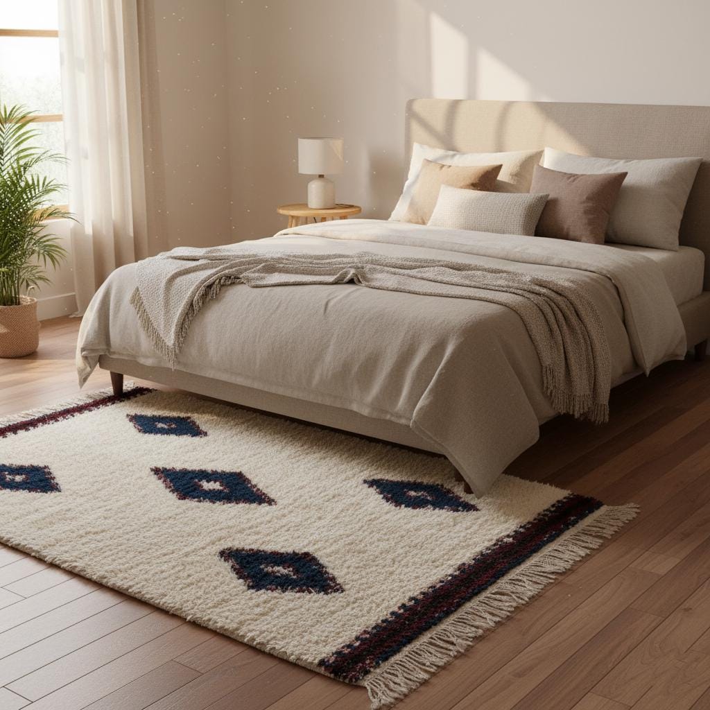 Handmade Moroccan Beni Ourain Rug with indigo diamond pattern on ivory background