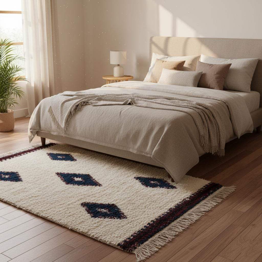 Handmade Moroccan Beni Ourain Rug with indigo diamond pattern on ivory background
