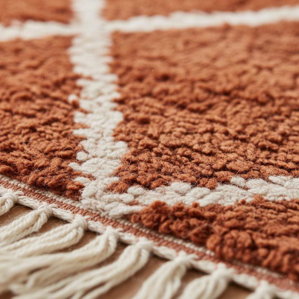 Close-up of artisan wool area rug in terracotta colour with diamond motif, ideal boho home décor rug